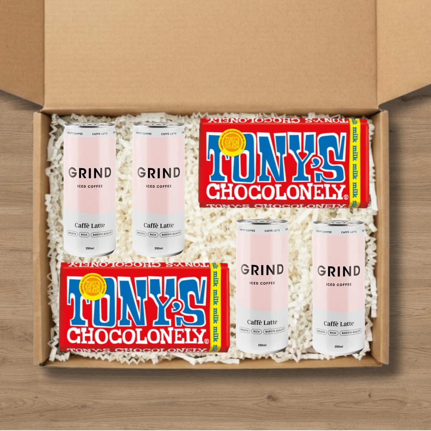 4 cans of Grind Caffe Latte Iced Coffee and 2 Tony's Chocolonely chocolate bars