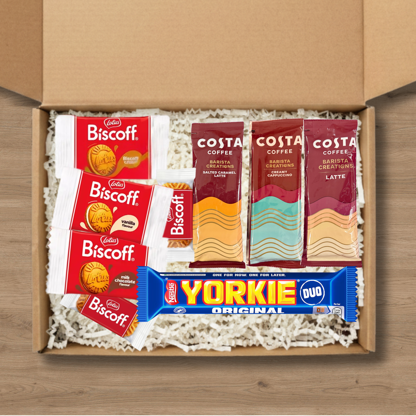 Coffee gift box with Costa Coffee sachets, Lotus Biscoff biscuits and a Yorkie chocolate bar