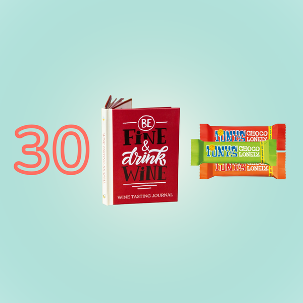 30th birthday gifts featuring a Be Fine & Drink Wine book and Tony's Chocolonely chocolate bars
