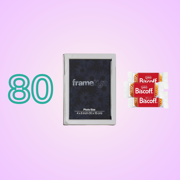 80th Birthday Gifts featuring a picture frame and Lotus Biscoff biscuits.