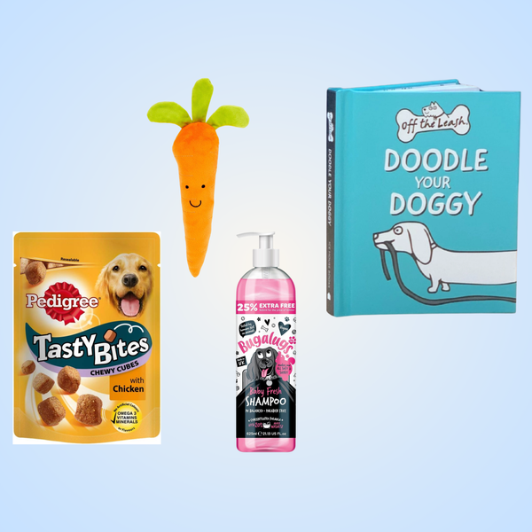 Pedigree Tasty Bites, a carrot-shaped dog toy, dog shampoo, and a "Doodle your doggy" book.