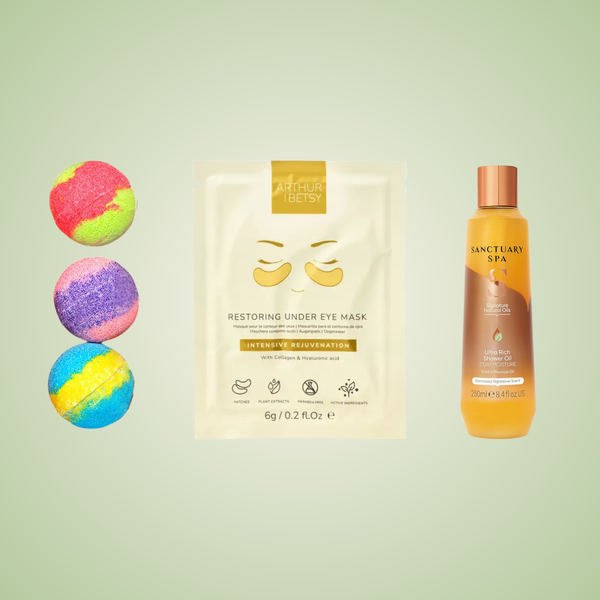 3 bath bombs, under-eye mask and Sanctuary Spa Ultra Rich Shower Oil