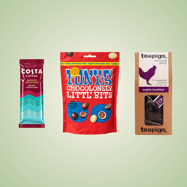 A collection of items on a green background. The items are a Costa Coffee instant coffee sachet, a pack of Tony's Chocolonely Littl' Bits, and a pack of Teapigs teabags.