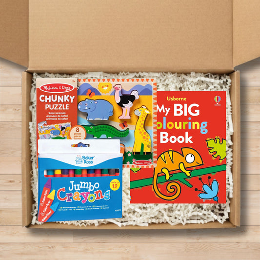 Toddler Activity Gift Box – Safari Puzzle, Crayons & Colouring Book