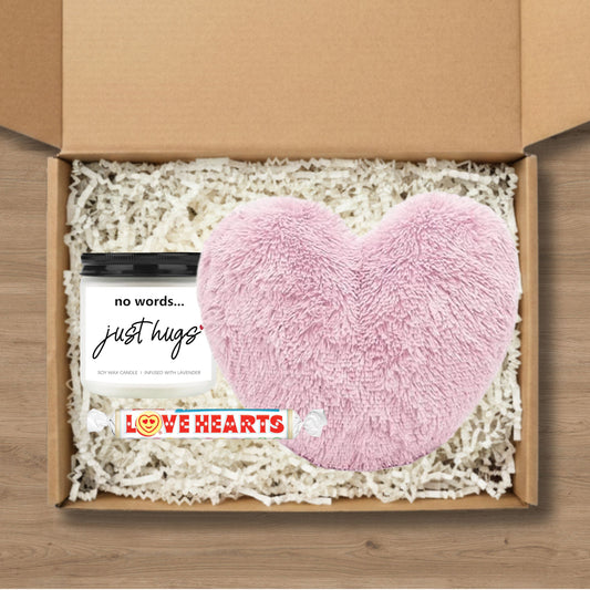 Hugs Gift Set with Pink Cushion, Candle & Sweets