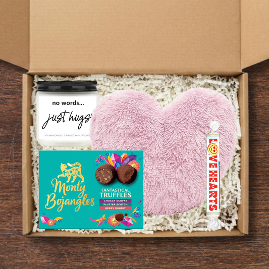 Hugs Gift Set with Pink Cushion, Candle & Chocolates