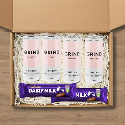 4 cans of Grind Caffe Latte Iced Coffee and 2 Cadbury Dairy Milk chocolate bars