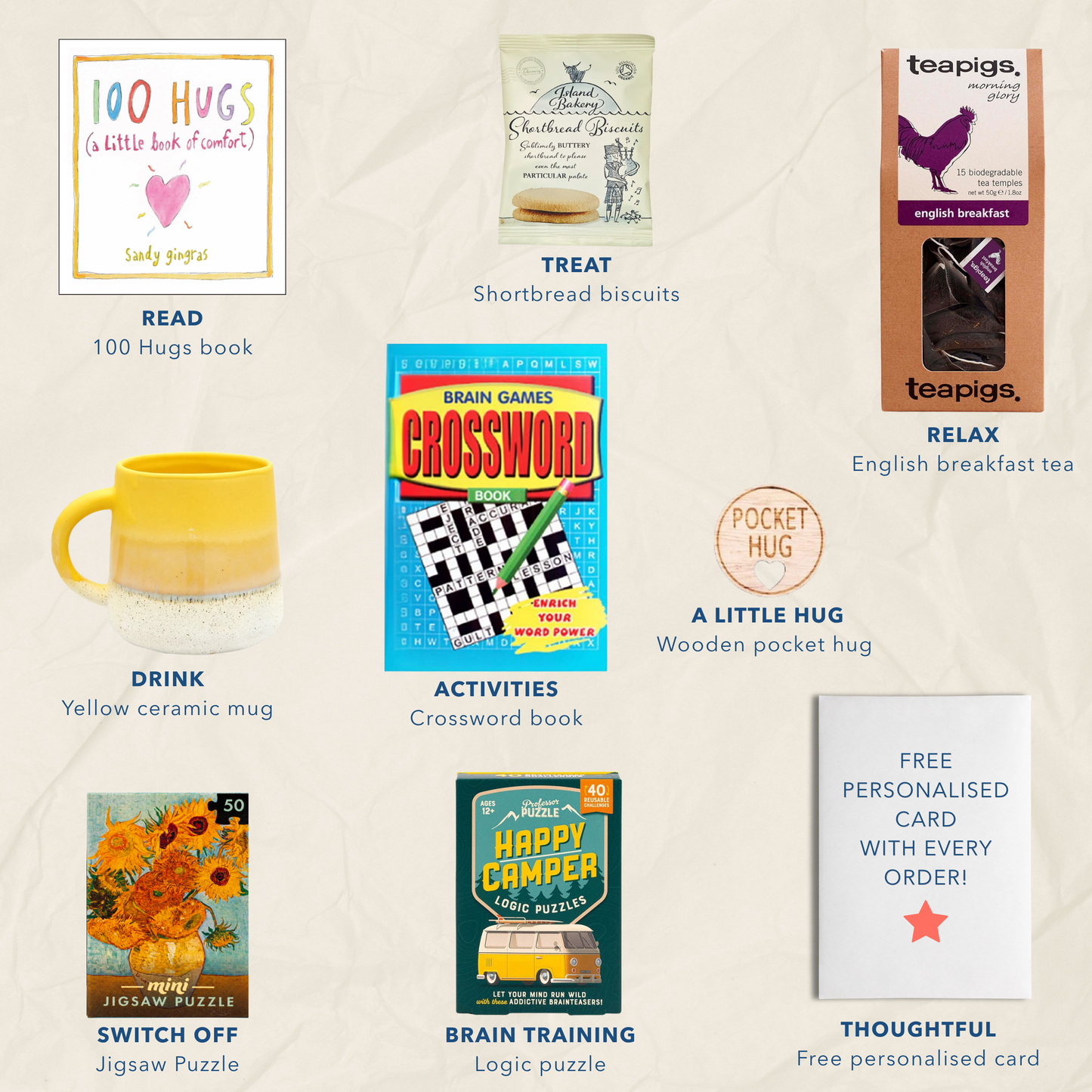 A collage of different product items arranged on a light beige textured background: a '100 Hugs' book, a shortbread biscuits treat, English breakfast tea, a yellow ceramic mug, a Crossword book, a wooden pocket hug, a jigsaw puzzle, a logic puzzle, and a free personalised card.