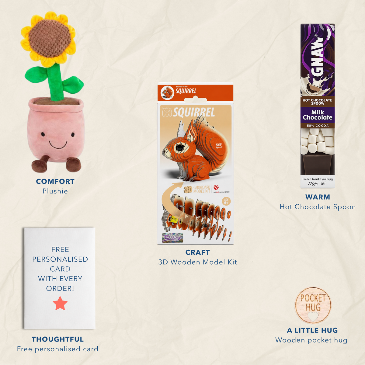 A collage of gift items on a light beige textured background: A sunflower plushie, a 3D Wooden Model Kit, a GNAW Hot Chocolate Spoon, A free personalised card, and a Wooden pocket hug.