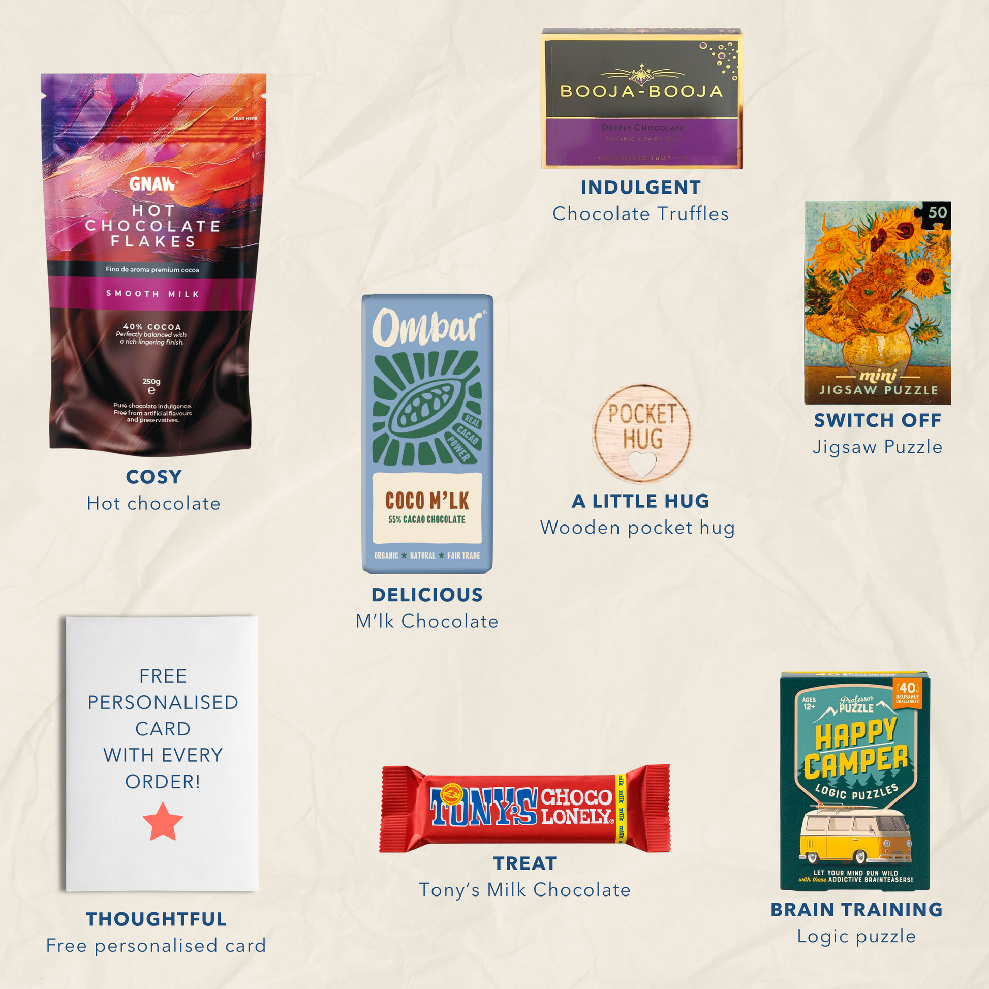 A collage of curated chocolate and gift items on a light textured background: a bag of GNAW hot chocolate flakes, a box of Booja-Booja chocolate truffles, an Ombar M'Lk chocolate bar, a wooden pocket hug, a jigsaw puzzle, a free personalised card, and a Tony's Milk Chocolate bar.