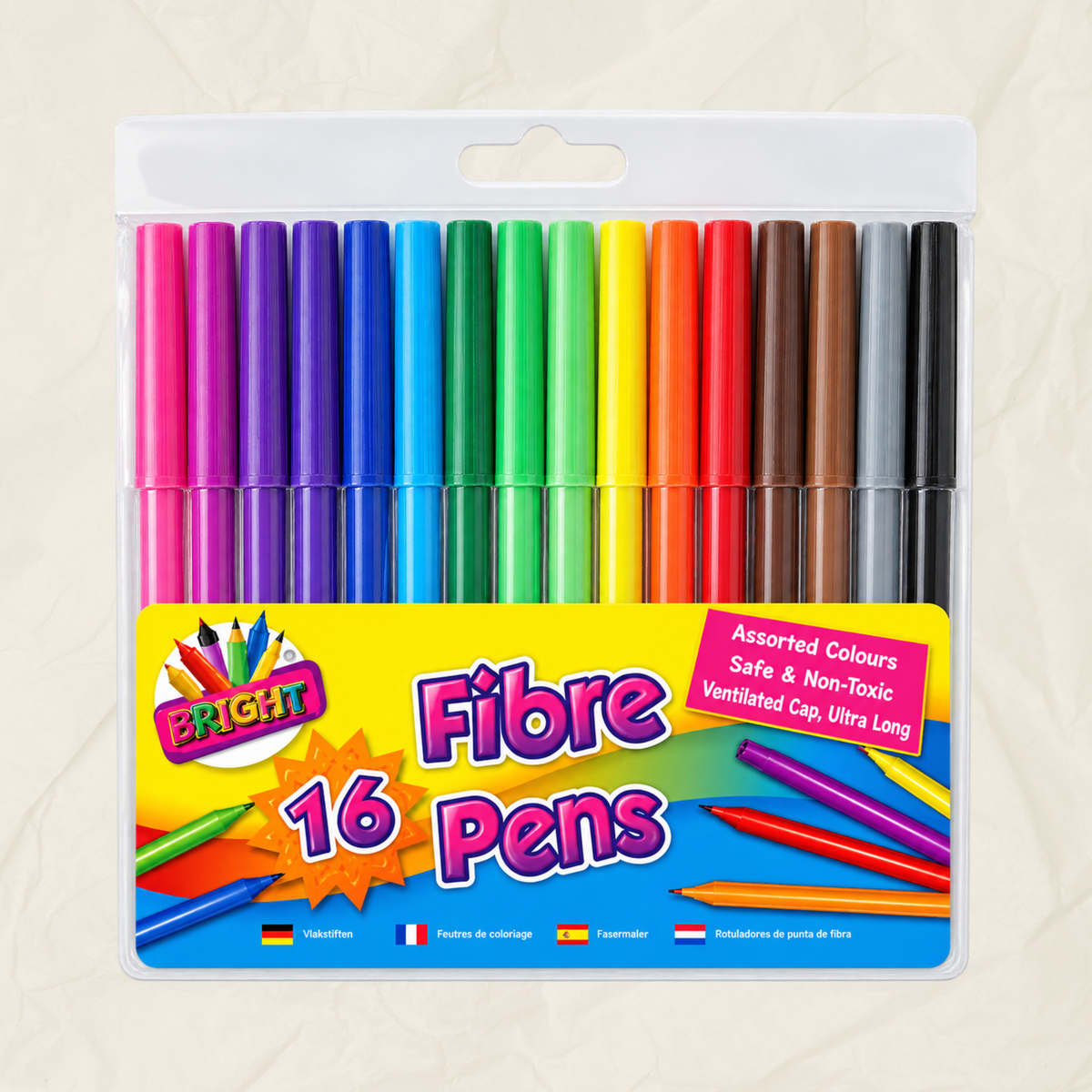 A 16-pack of BRIGHT Fibre pens in assorted colors, packaged in a clear plastic case with a colorful yellow and blue label.