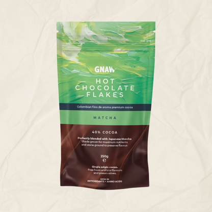 250g GNAW Matcha Hot Chocolate flakes.