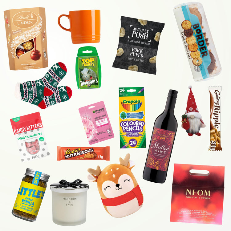 A selection of products including chocolates, sweets, wine, wellness products and children's toys