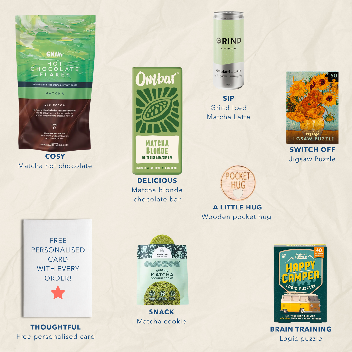 A curated bundle of matcha-themed gift items arranged on a light textured background, including a Gnaw Chocolate Flakes bag, an Ombar matcha bar, a Grind matcha latte can, a jigsaw puzzle, a wooden pocket hug, a free personalised card, a matcha cookie, and a brain training puzzle.