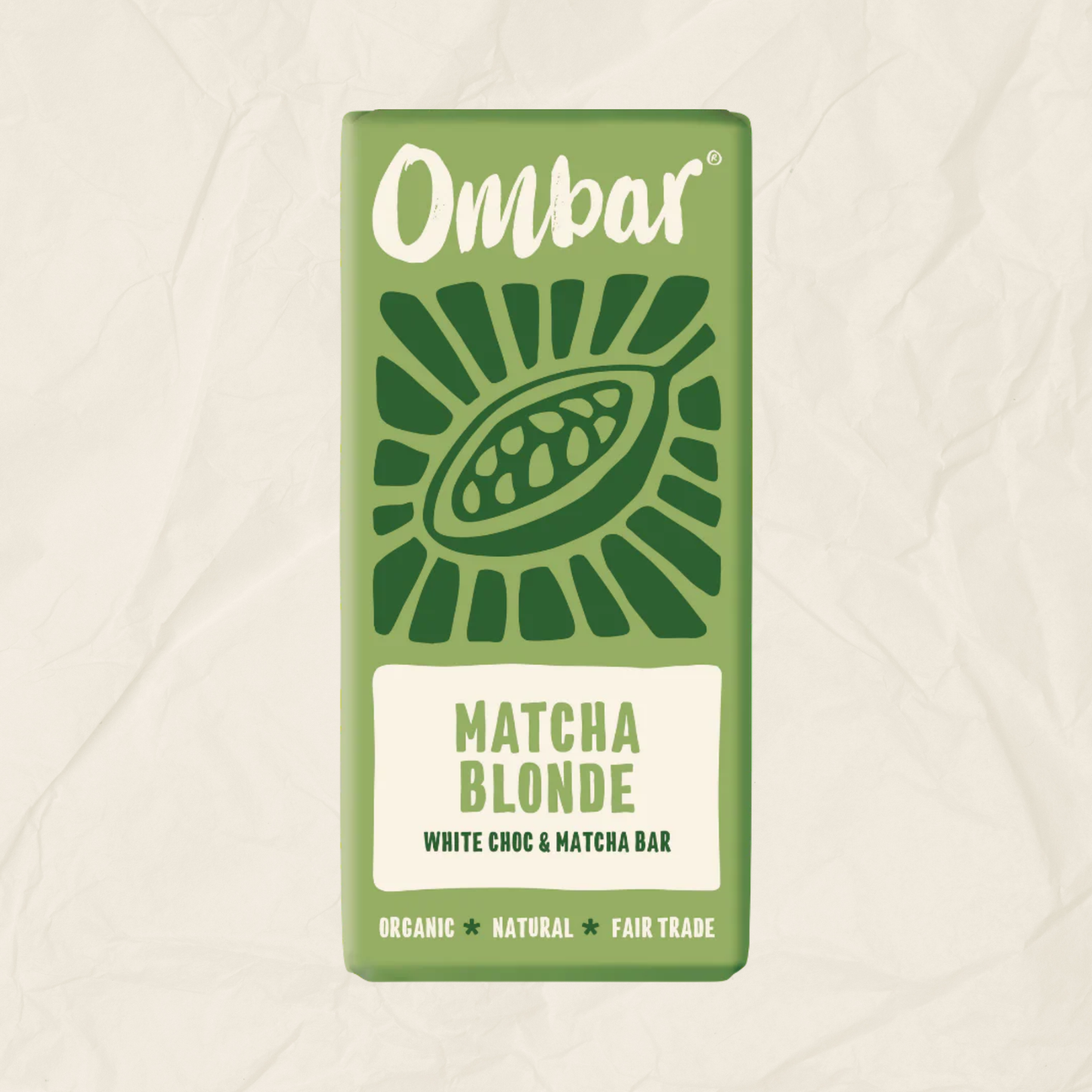 An Ombar matcha and white chocolate bar which is vegan and gluten-free.