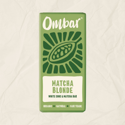 An Ombar matcha and white chocolate bar which is vegan and gluten-free.