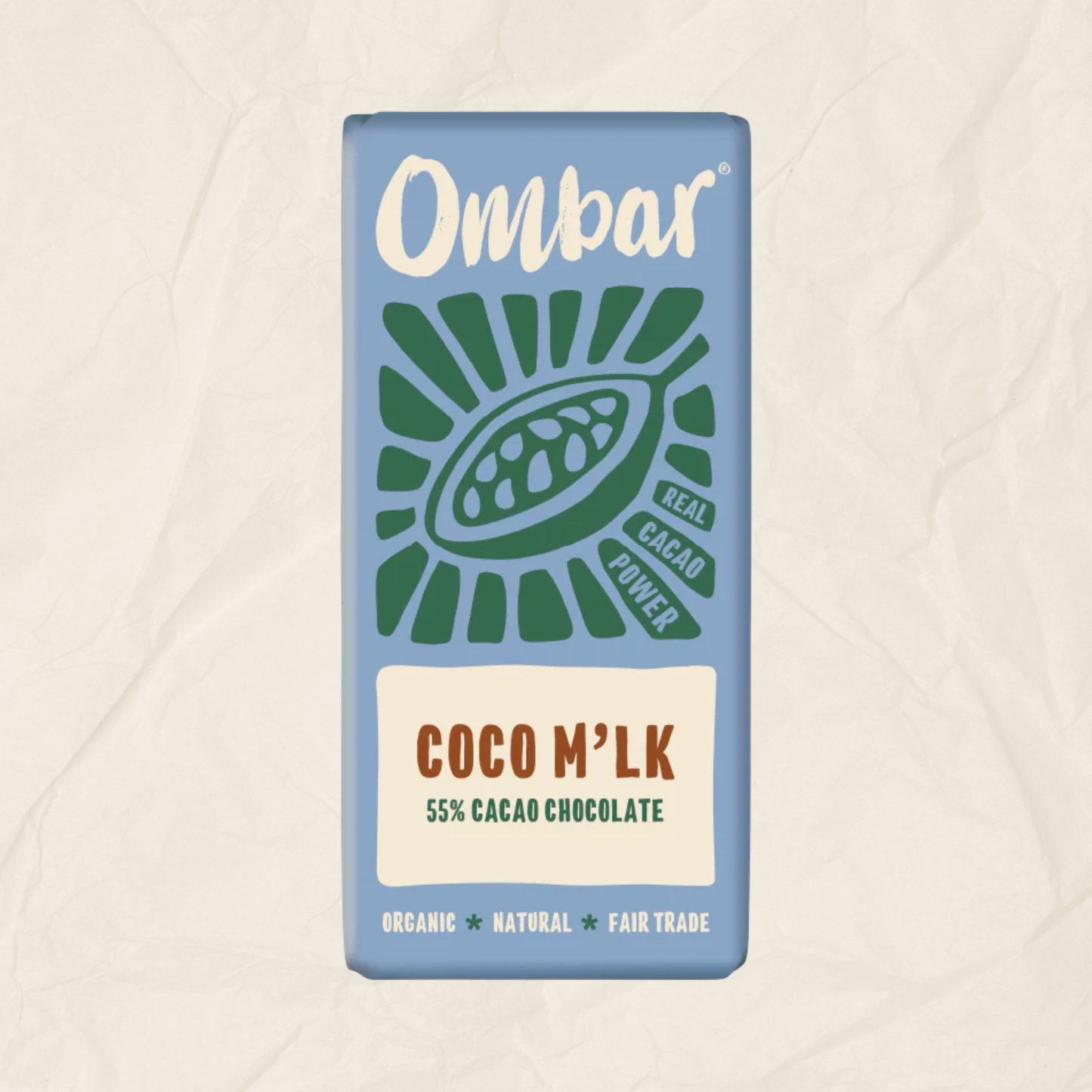 A 70g bar of Ombar m'lk chocolate, vegan and gluten free.