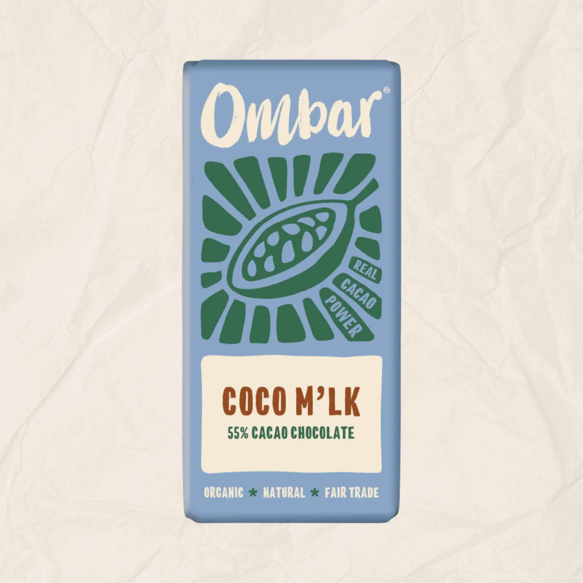A 70g bar of Ombar m'lk chocolate, vegan and gluten free.