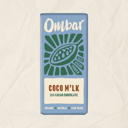 A 70g bar of Ombar m'lk chocolate, vegan and gluten free.