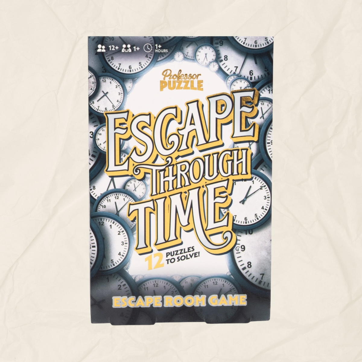 A box containing the Professor Puzzle Escape Through Time escape room game, and the text "12 puzzles to solve"