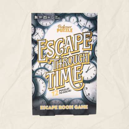 A box containing the Professor Puzzle Escape Through Time escape room game, and the text "12 puzzles to solve"