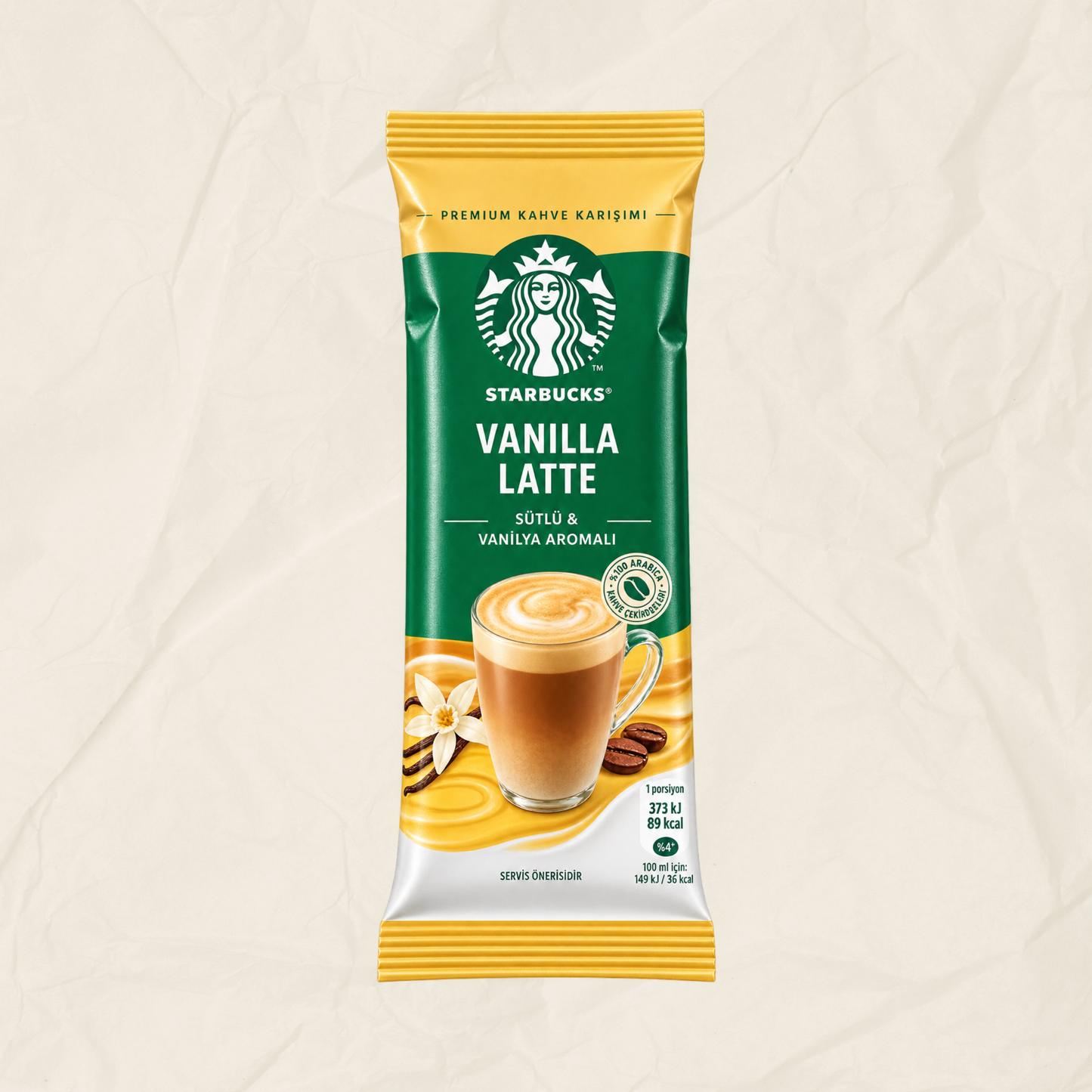 A single packet of Starbucks Vanilla Latte instant coffee, featuring its signature green and yellow packaging with a graphic of a vanilla-flavored latte, set against a textured beige background.