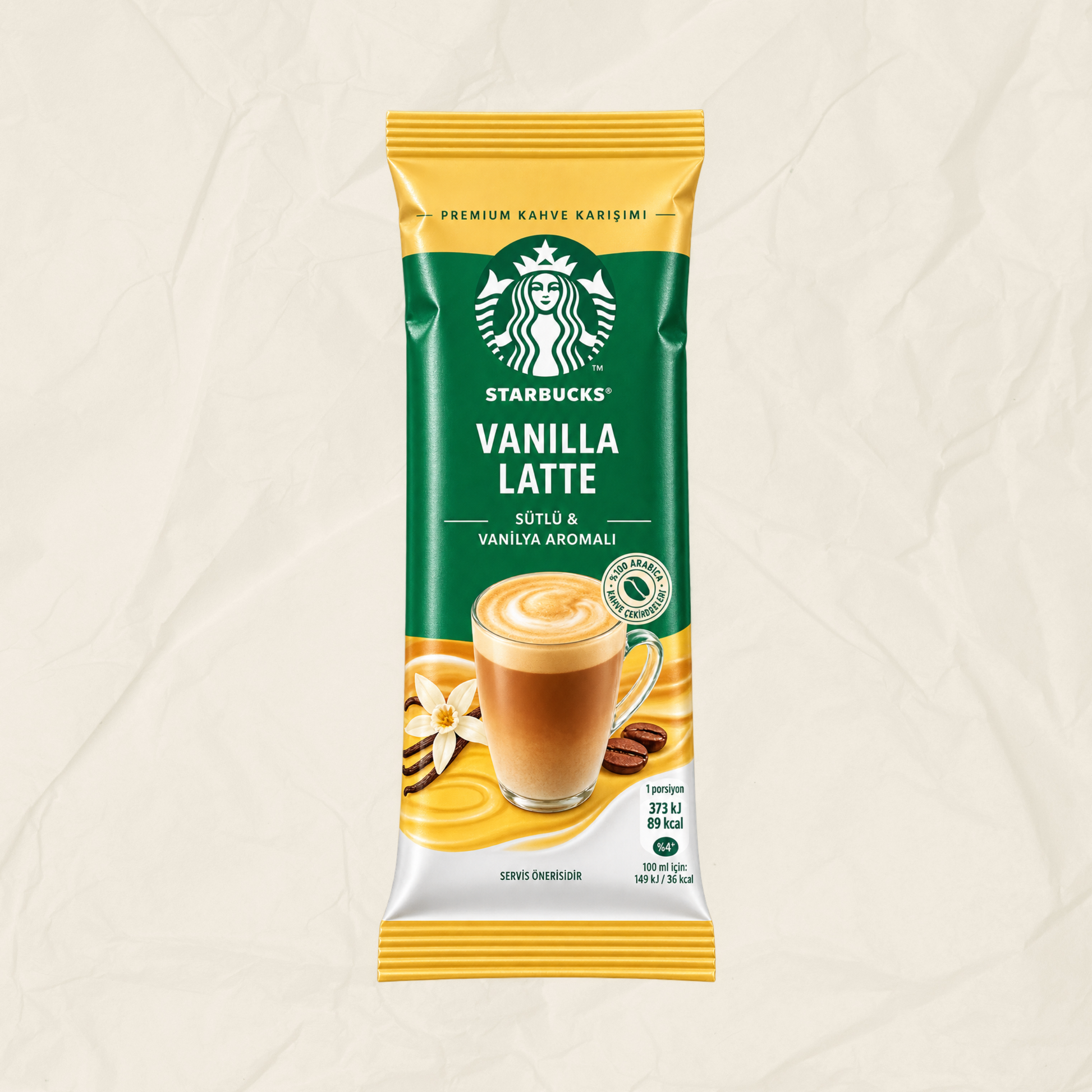 A single packet of Starbucks Vanilla Latte instant coffee, featuring its signature green and yellow packaging with a graphic of a vanilla-flavored latte, set against a textured beige background.