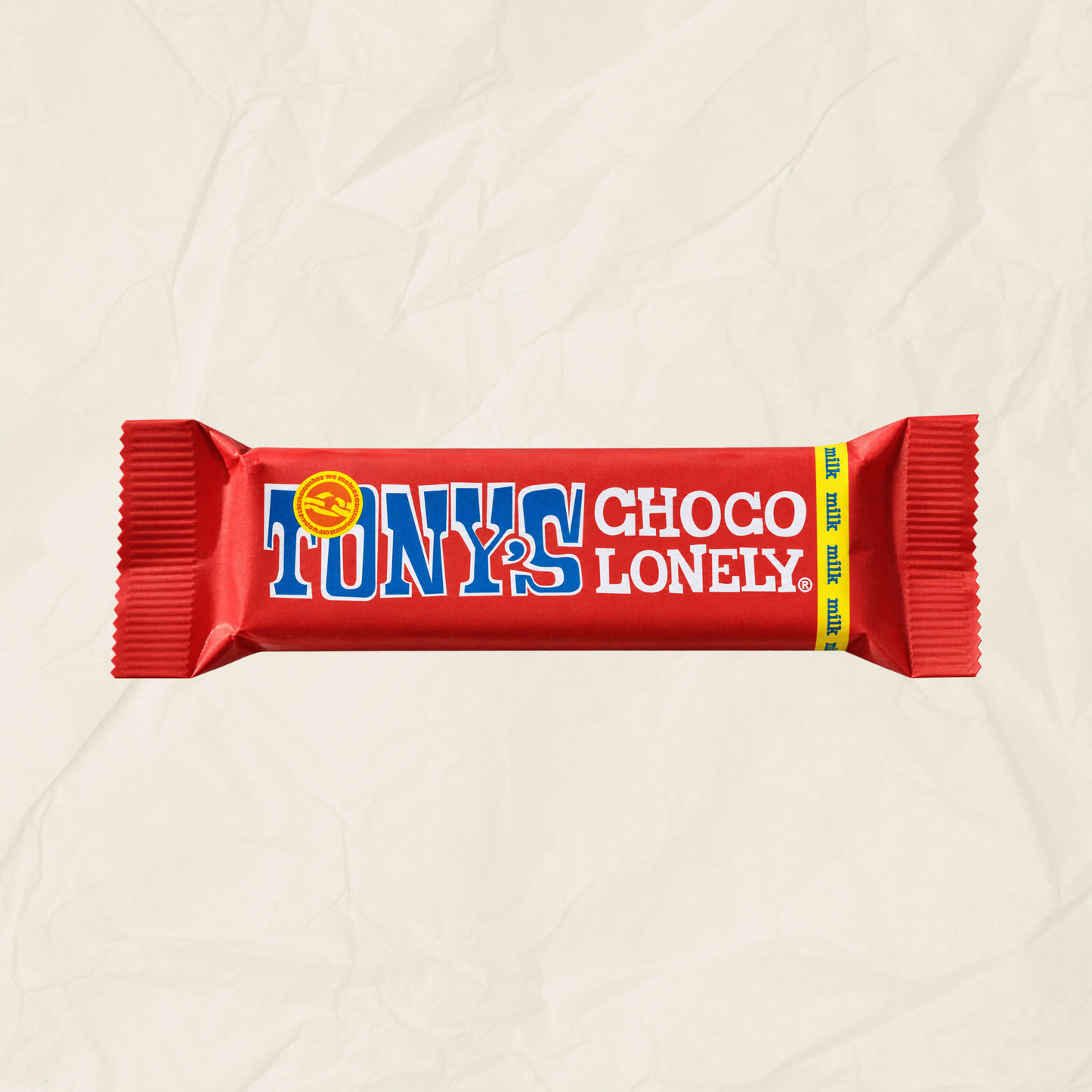 A 35g Tony's Chocolonely Milk Chocolate bar.