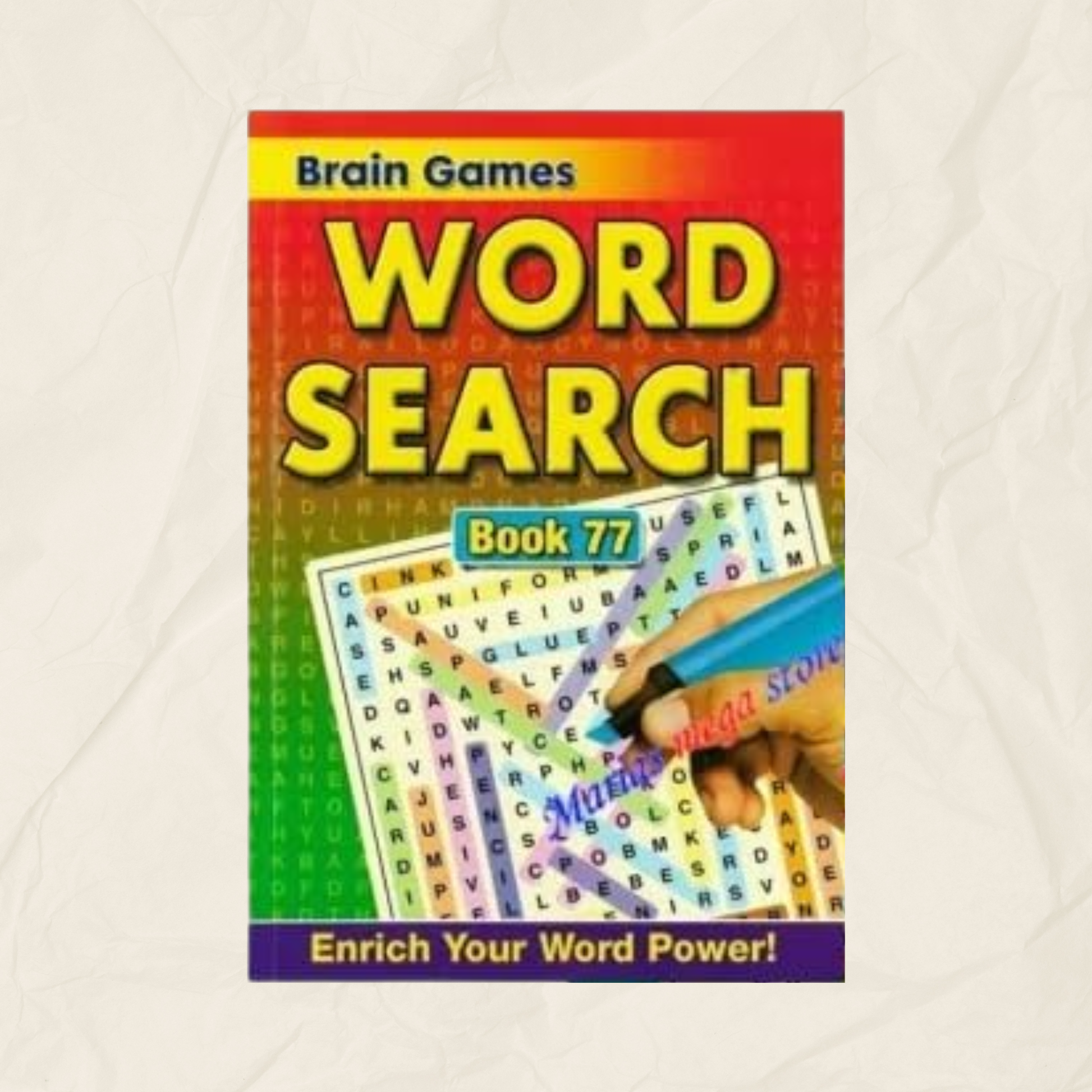 A red and green Word Search book by Brain Games