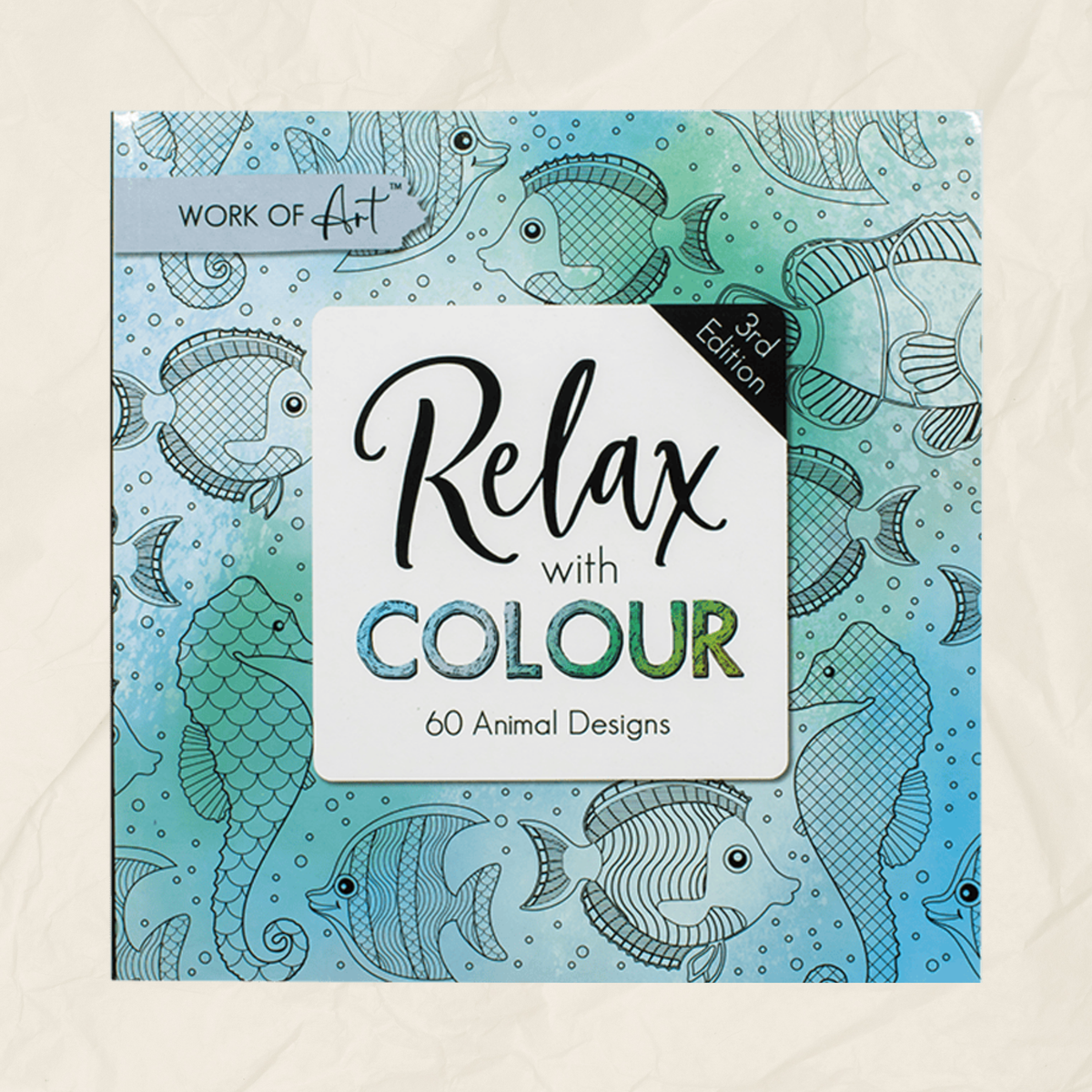 Relax with Colour 3rd Edition animal line art colouring book cover, featuring blue and green fish and sea creature designs on a light blue textured background.