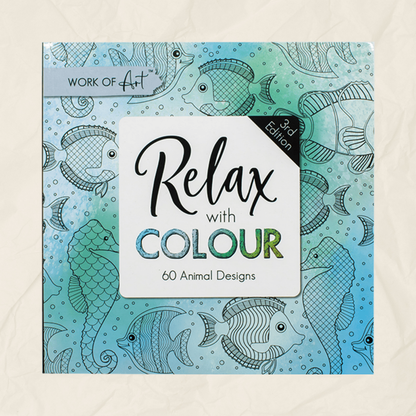 Relax with Colour 3rd Edition animal line art colouring book cover, featuring blue and green fish and sea creature designs on a light blue textured background.