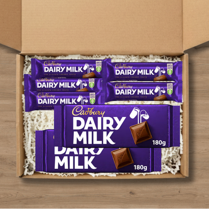 Cadbury Dairy Milk chocolate gift box with small bars and large 180g sharing bars