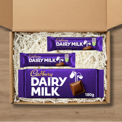 Small Cadbury Dairy Milk gift box with two small bars and a 180g sharing bar