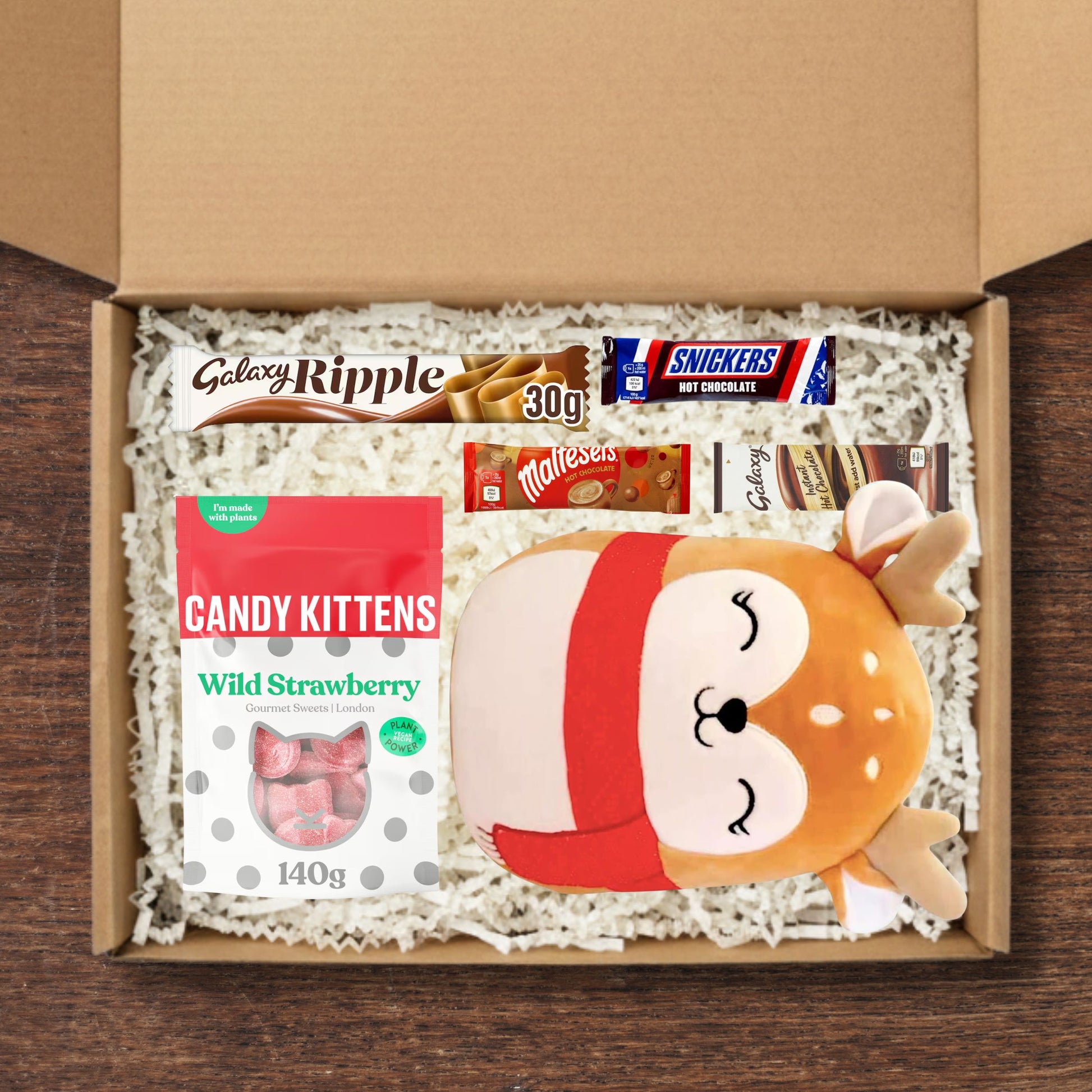 Gift set containing a plush toy, candy kittens sweets, a galaxy ripple chocolate bar, and celebration hot chocolate sachets