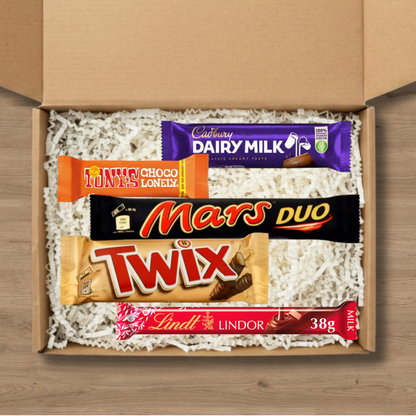Chocolate gift box with Cadbury Dairy Milk, Tony's Chocolonely, Mars Duo, Twix and Lindt Lindor bars