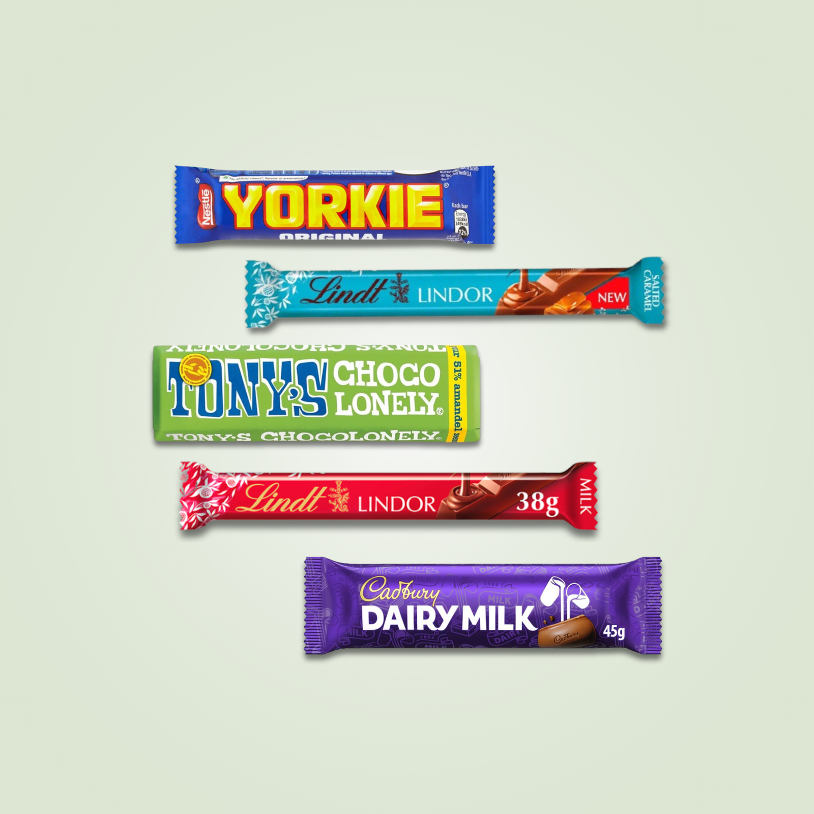 A selection of chocolate bars including a Yorkie Original, Lindt Lindor chocolate bars, Tony's Chocolonely and Cadbury Dairy Milk.