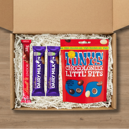 Small chocolate gift box with Cadbury Dairy Milk, Lindt Lindor and Tony's Chocolonely Little Bits