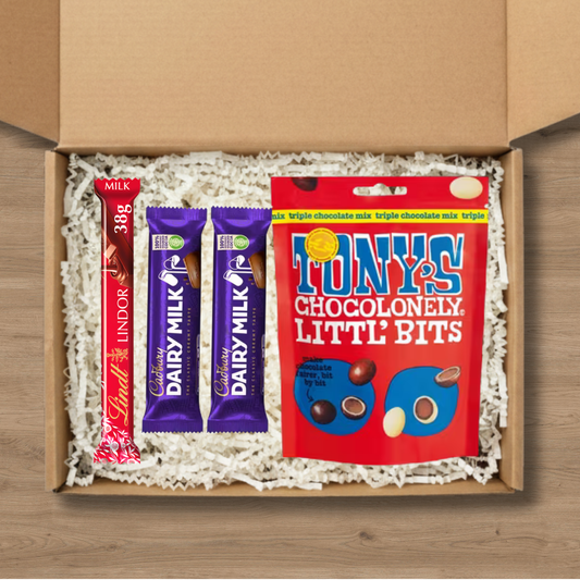 Small chocolate gift box with Cadbury Dairy Milk, Lindt Lindor and Tony's Chocolonely Little Bits