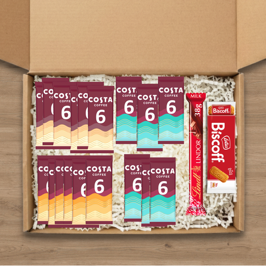 Gift box containing Costa Coffee sachets, Biscoff cookies and Lindt chocolate