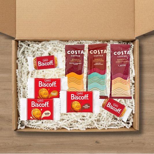 Coffee gift box with Costa Coffee Salted Caramel, Cappuccino and Latte sachets and Biscoff biscuits
