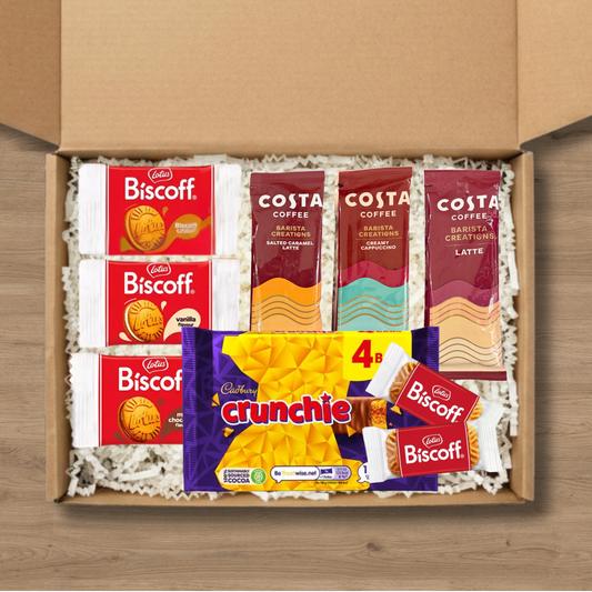 Coffee gift box with Costa Coffee sachets, Lotus Biscoff biscuits and Cadbury Crunchie multipack