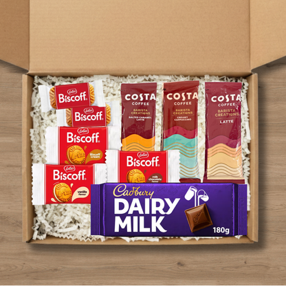 Coffee gift box with Costa Coffee sachets, Lotus Biscoff biscuits and Cadbury Dairy Milk bar