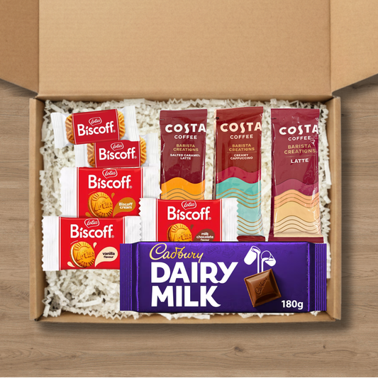 Coffee gift box with Costa Coffee sachets, Lotus Biscoff biscuits and Cadbury Dairy Milk bar