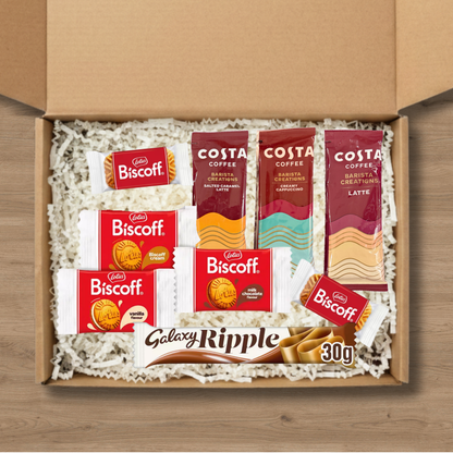 Coffee gift box with Costa Coffee sachets, Lotus Biscoff biscuits and Galaxy Ripple bar
