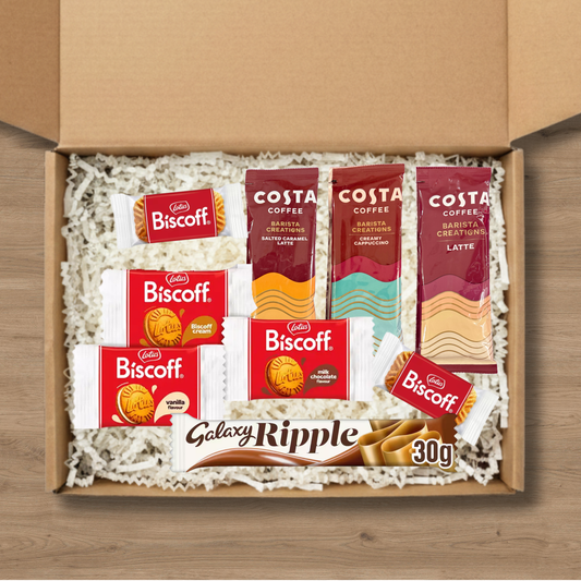 Coffee gift box with Costa Coffee sachets, Lotus Biscoff biscuits and Galaxy Ripple bar