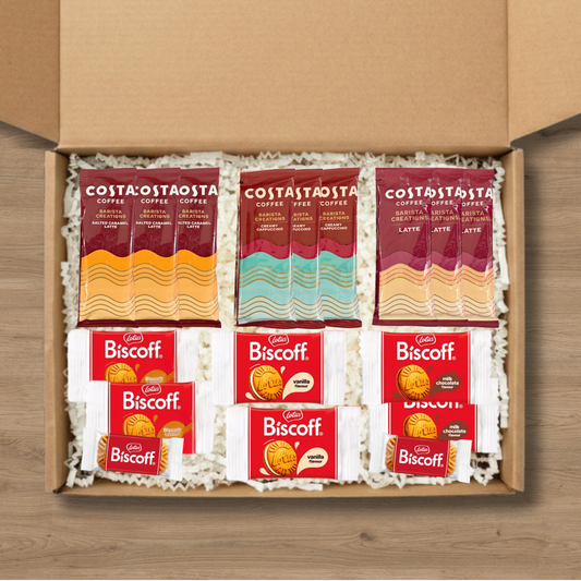 Large coffee gift box with multiple Costa Coffee sachets and Lotus Biscoff biscuits to share