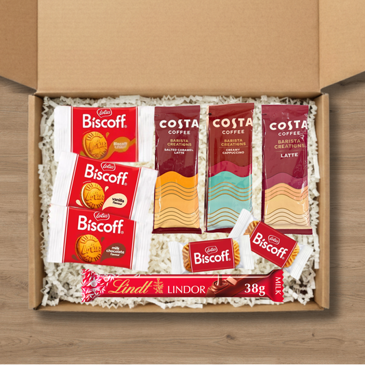 Coffee gift box with Costa Coffee sachets, Lotus Biscoff biscuits and Lindt Lindor chocolate