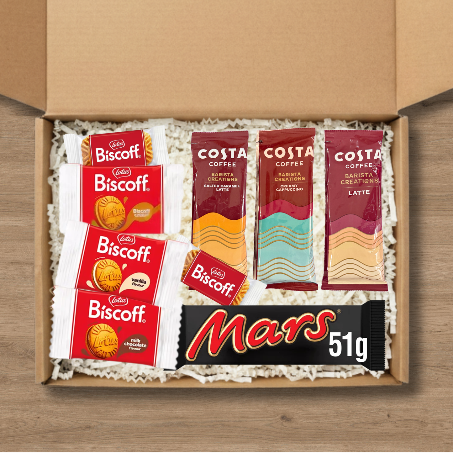 Coffee gift box with Costa Coffee sachets, Lotus Biscoff biscuits and a Mars bar