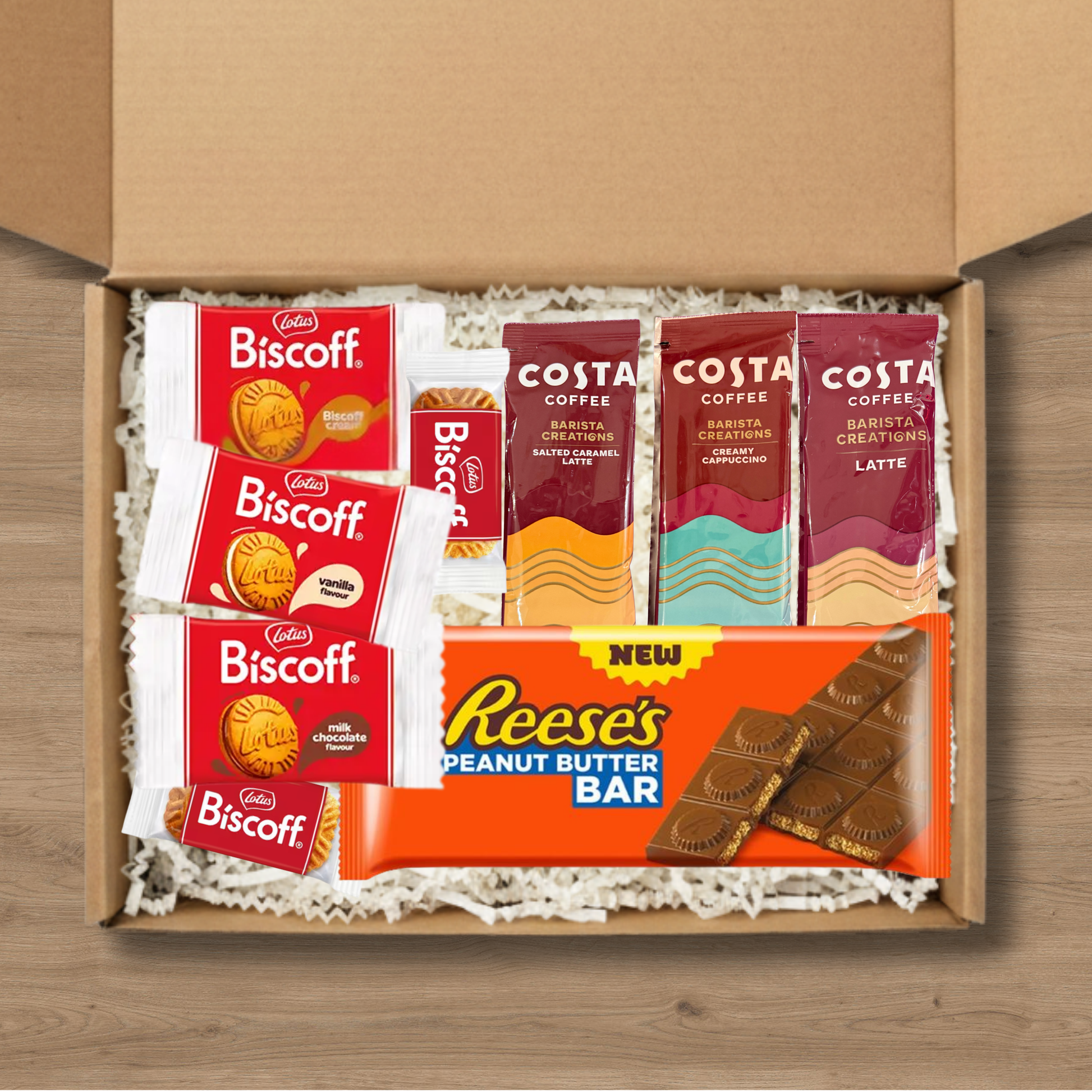 Coffee gift box with Costa Coffee sachets, Biscoff biscuits and Reese's Peanut Butter Bar