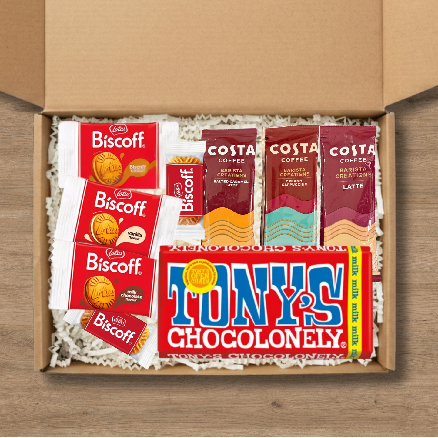 Coffee gift box with Costa Coffee sachets, Biscoff biscuits and Tony's Chocolonely milk chocolate bar